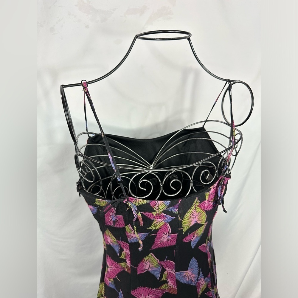 Y2K Betsey Johnson New York silk black leaf print midi dress size 6 - Picture 6 of 13